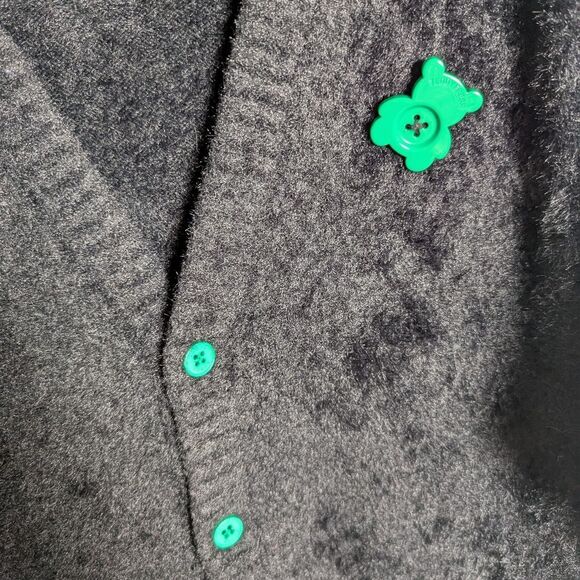 Teddy Fresh Black Fluffy Fuzzy Cardigan Sweater Green Bear Button Accent 2XL - Picture 5 of 7